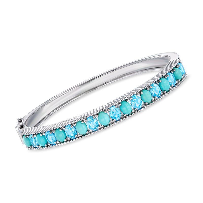 Sterling silver bangle bracelet with turquoise-blue round gemstone rows