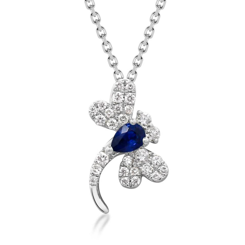 Dragonfly pendant necklace with sapphire center and diamond accents in white gold