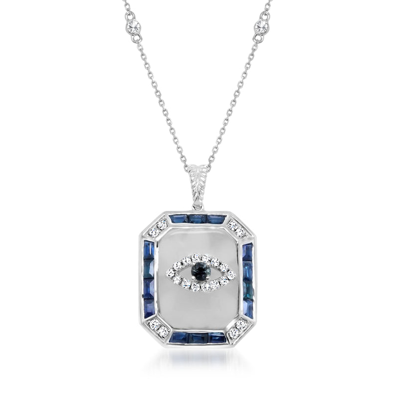 14kt white gold evil eye pendant necklace with blue sapphire side stones and diamond accents
