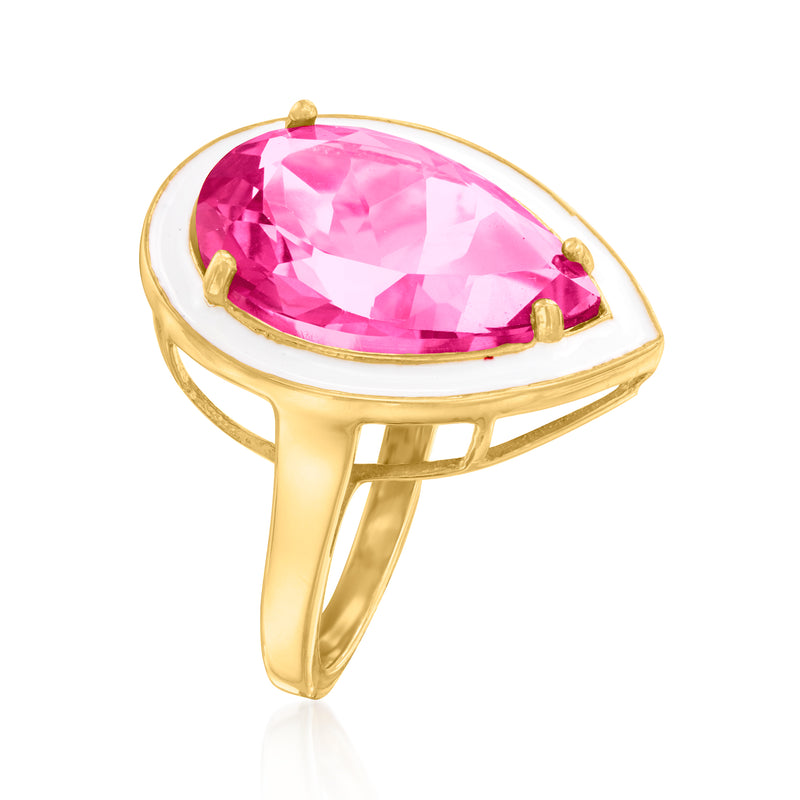 12.00 Carat Pink Topaz Ring with White Enamel in 18kt Gold Over Sterling