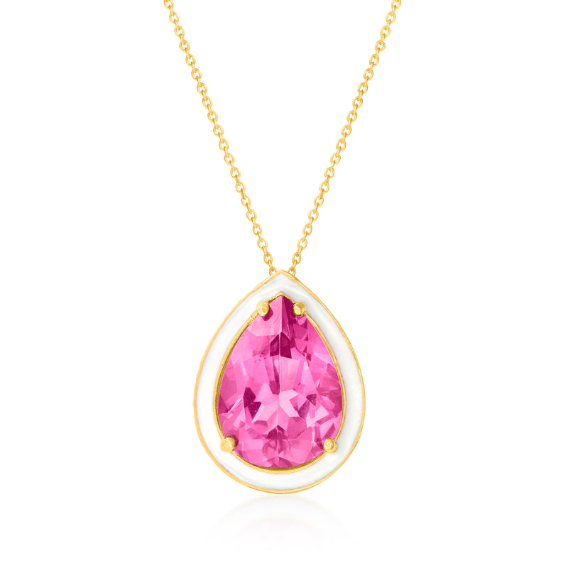 Gold pendant necklace with teardrop pink topaz and white enamel bezel, link chain