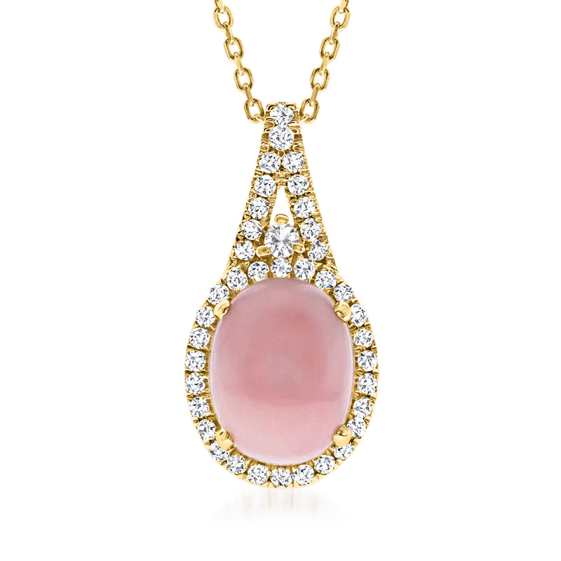 14kt yellow gold pendant necklace with teardrop pink opal and diamond halo