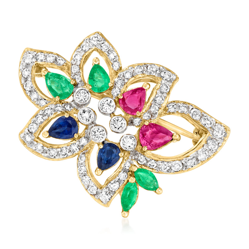 Vintage 18kt yellow gold flower pin with multicolor gemstones and diamonds