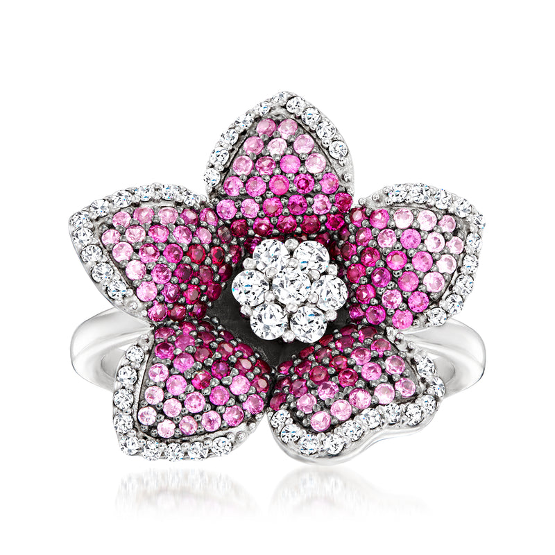 Sterling silver flower ring with pink simulated ruby and clear CZ center
