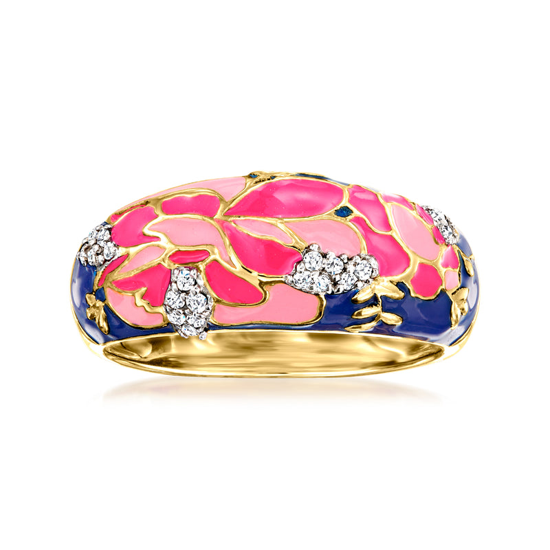 Gold-tone enamel floral ring with pink, blue and yellow accents and small white stones