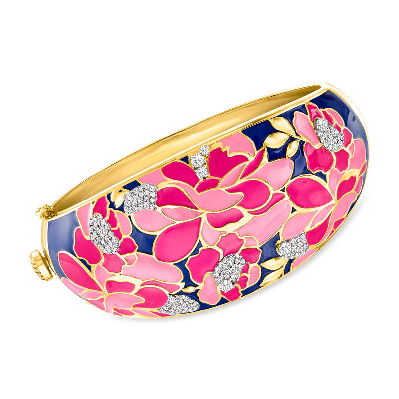 Gold over sterling enamel bangle bracelet with pink floral flowers and sparkling accents