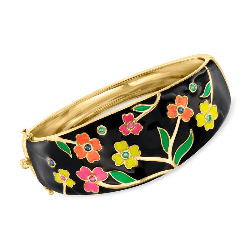 18kt gold over sterling enamel bangle bracelet with black floral multicolor inlay
