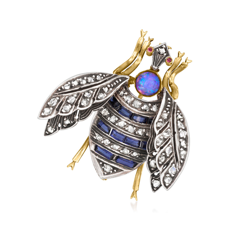 Bee bumblebee pin in sterling silver with opal-blue center, blue enamel stripes, red accents