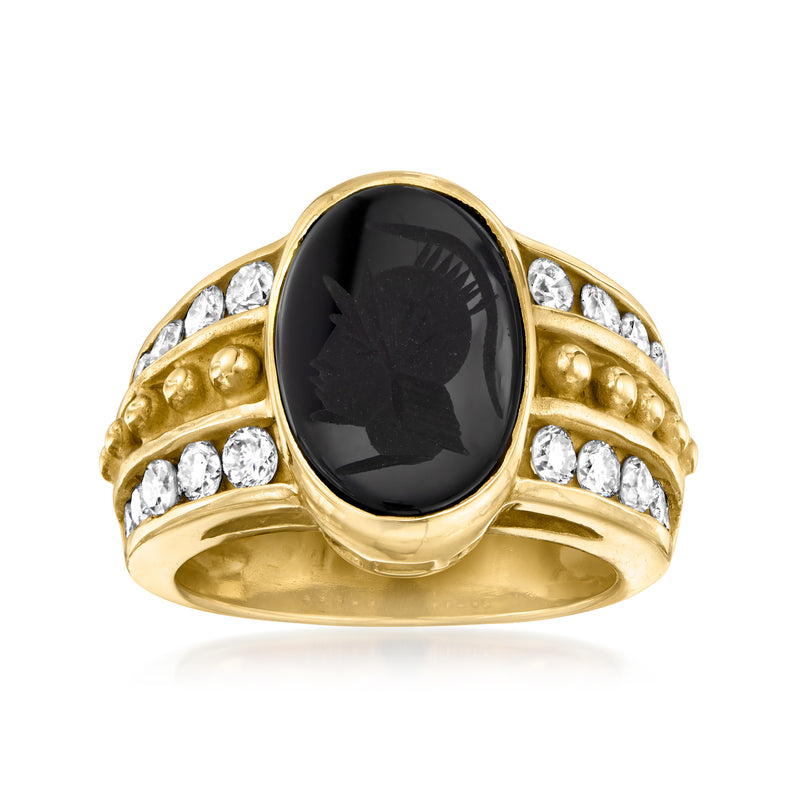 Vintage 18kt yellow gold onyx head ring with oval black cabochon and diamond shoulders