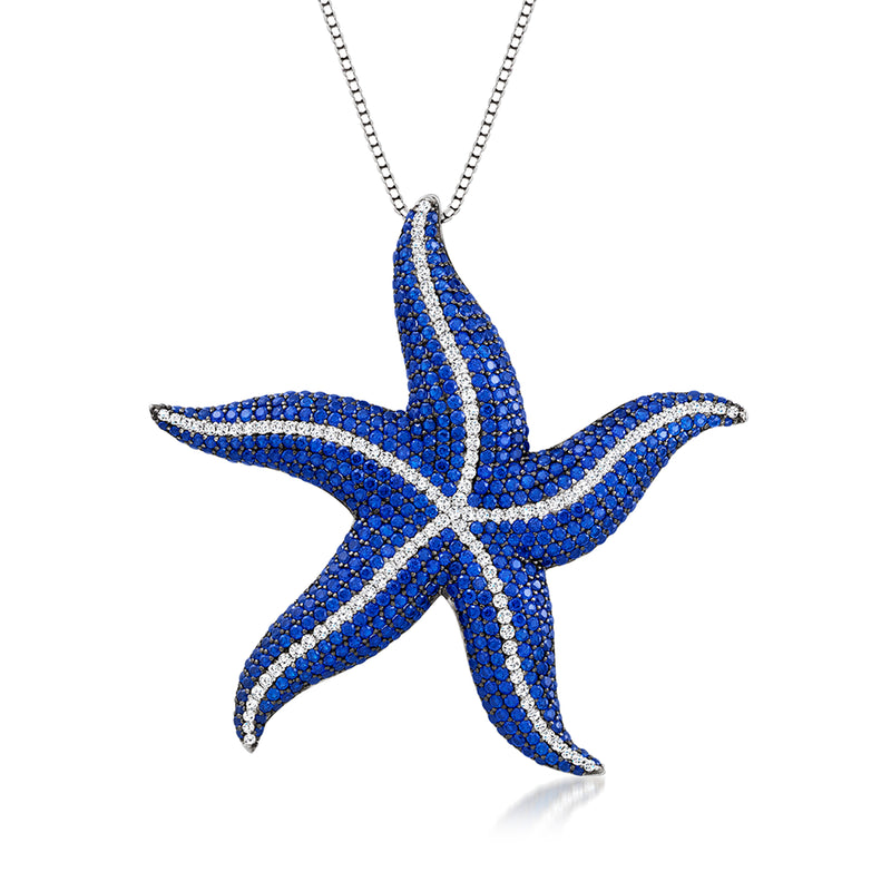 Sterling silver starfish pendant necklace with blue simulated sapphire and CZ accents