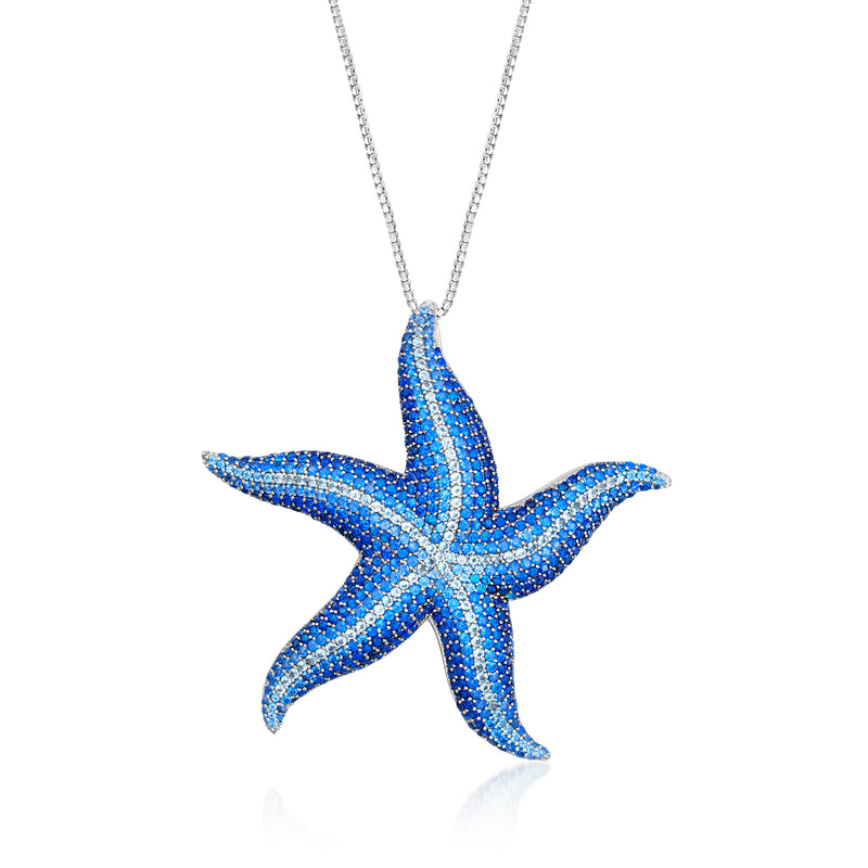 Sterling silver starfish pendant necklace with blue simulated gemstone shimmer