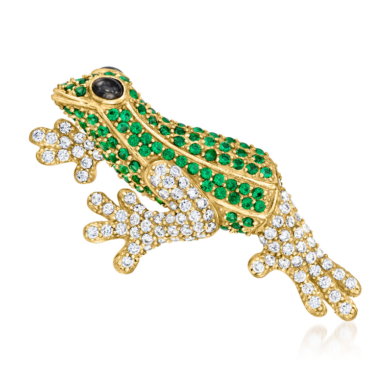 Gold-tone frog pin with green stones, onyx-like black center, and clear CZ accents
