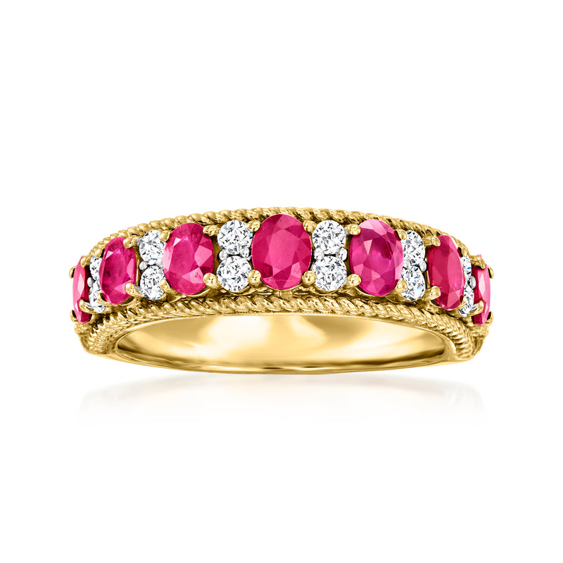 18kt yellow gold ring with oval pink ruby stones and round diamond accents, roped edge