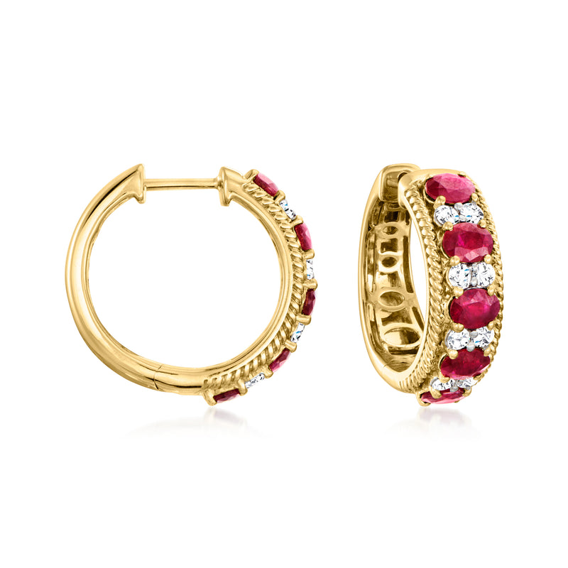 18kt yellow gold hoop earrings with ruby row and small diamond accents, hinged clasp