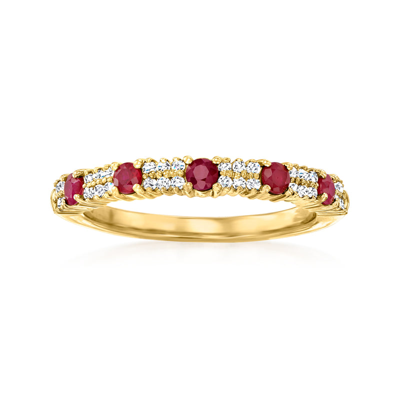 18kt yellow gold ring with prong-set round red rubies and diamond accents