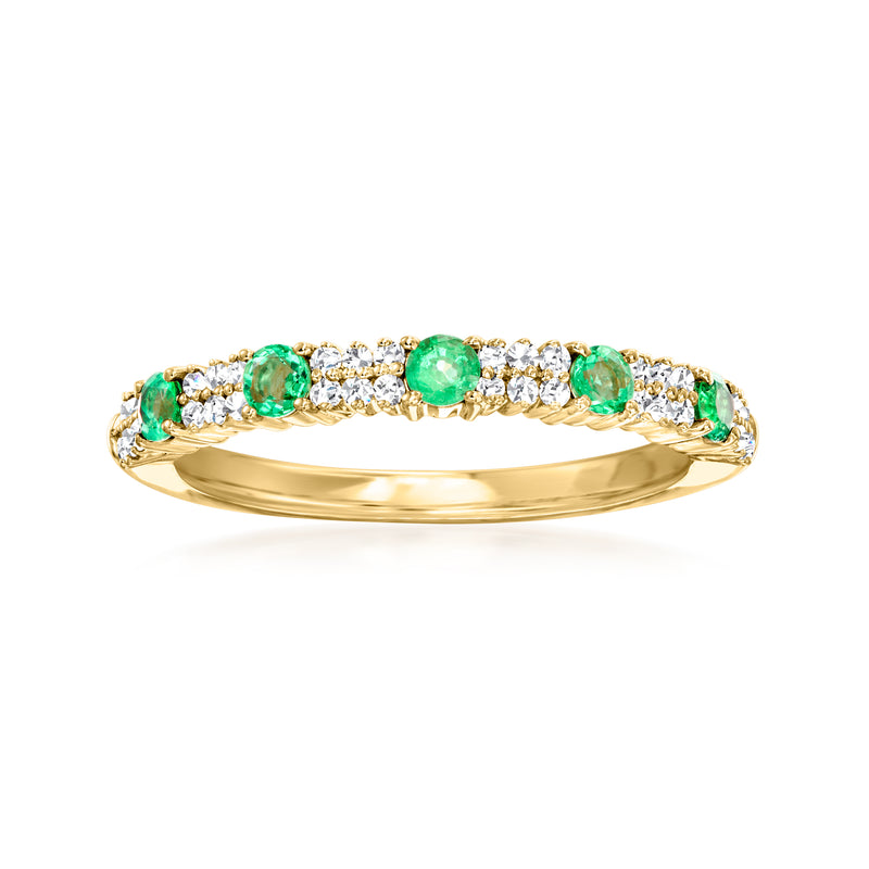 18kt yellow gold band ring with green emerald-style stones and round white diamonds