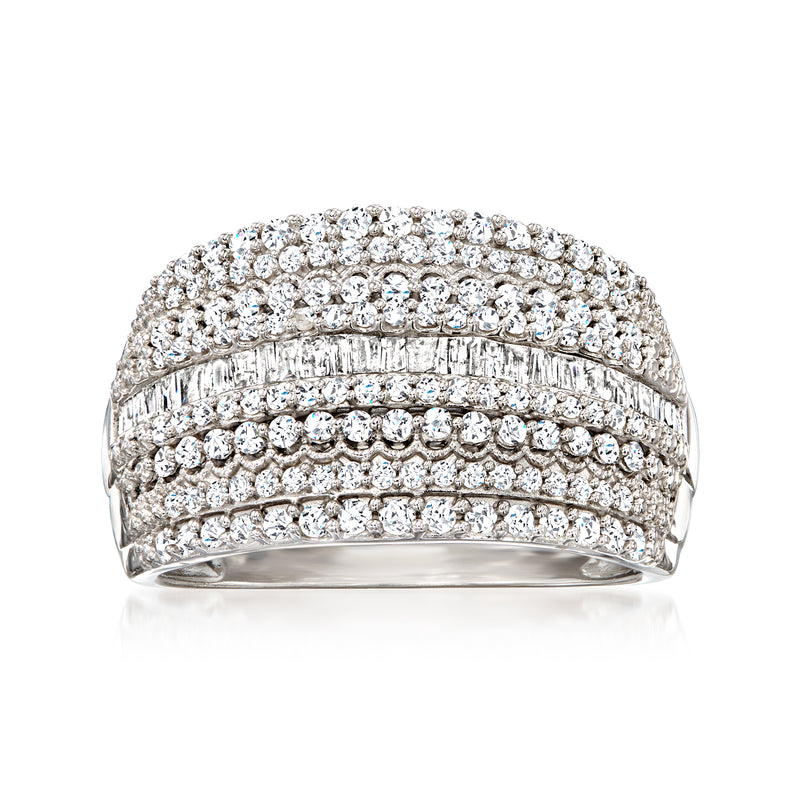 Sterling silver diamond ring with baguette and round stones in three rows