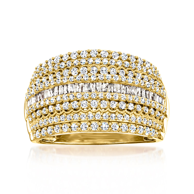Gold-tone diamond ring with stacked baguette and round stones, multi-row sparkle
