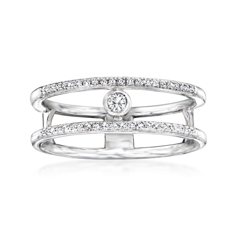 Sterling silver two-row diamond ring with round center stone and prong-set accents
