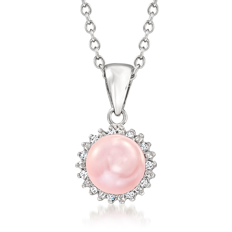 Sterling silver pendant necklace with pink button pearl and diamond halo
