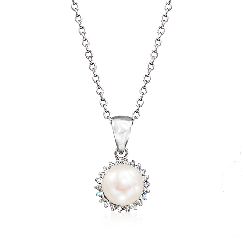 Sterling silver pendant necklace with round cultured pearl and diamond halo