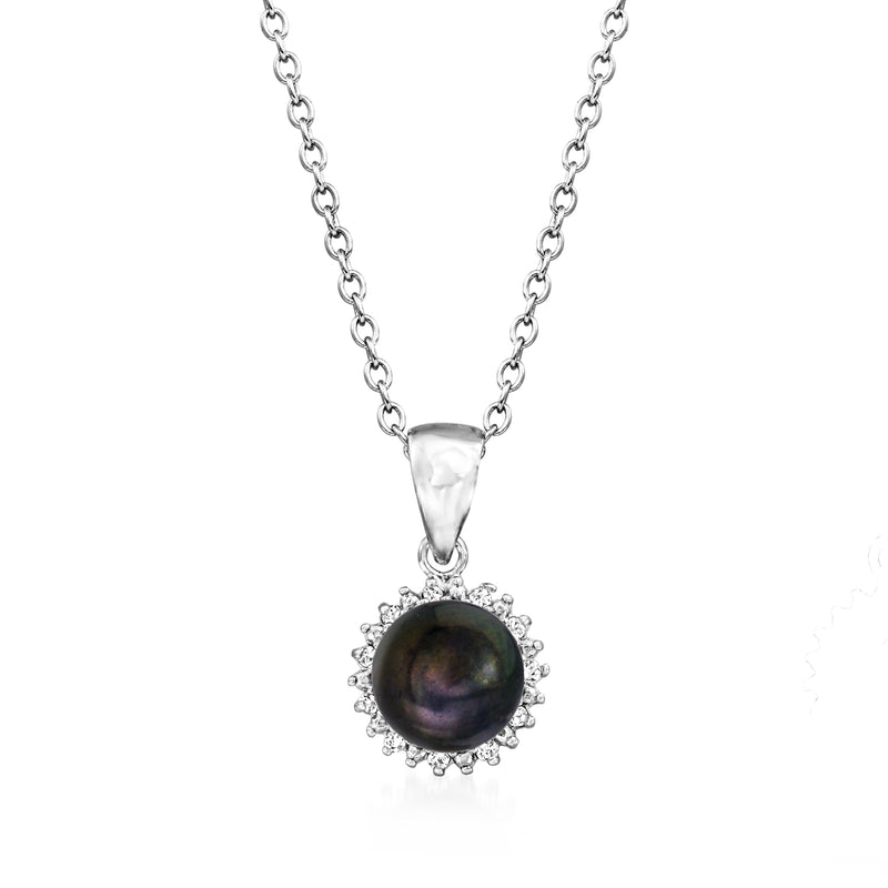Sterling silver necklace with black cultured pearl pendant and diamond-like halo