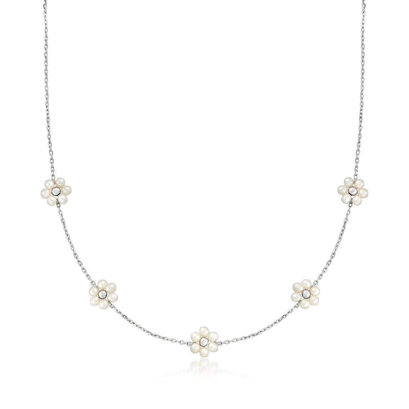 Sterling silver pearl flower necklace with white clustered cultured pearls on chain
