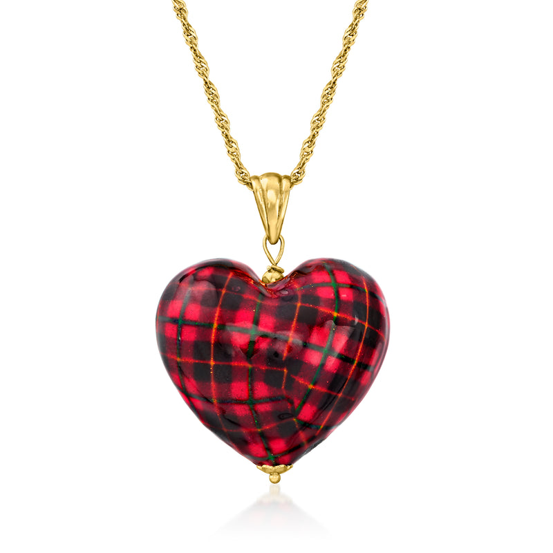 18kt gold over sterling heart pendant necklace with red tartan Murano glass heart