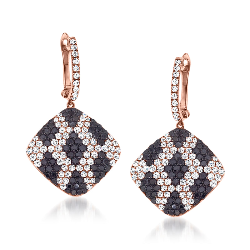 Rose gold hoop drop earrings with black and white diamond pavé pendants