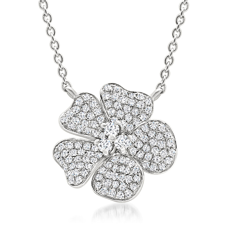 14kt white gold diamond flower necklace with five-petal pendant and linked chain
