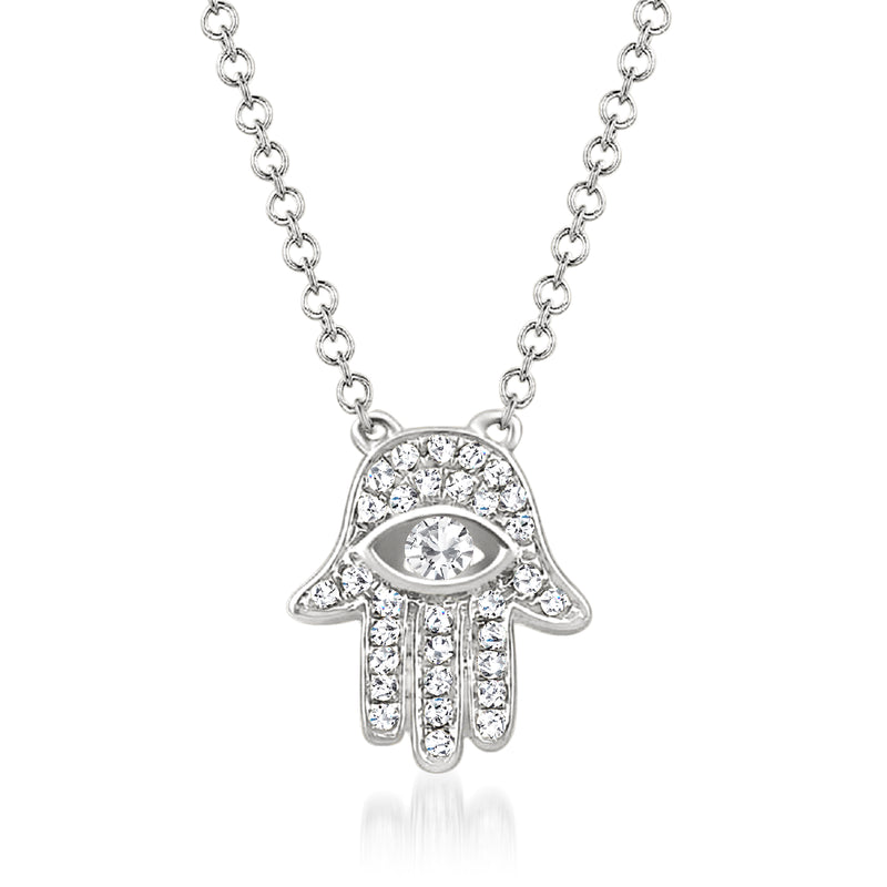 14kt white gold diamond hamsa hand necklace with round-link chain and pendant