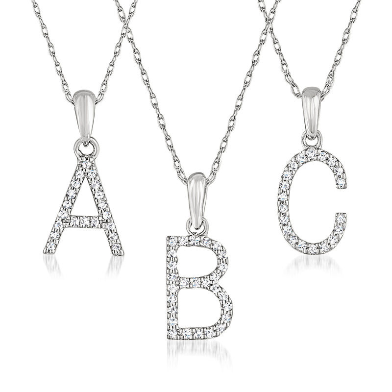 Diamond letter pendant necklace with A, B, and C charms on white gold chain