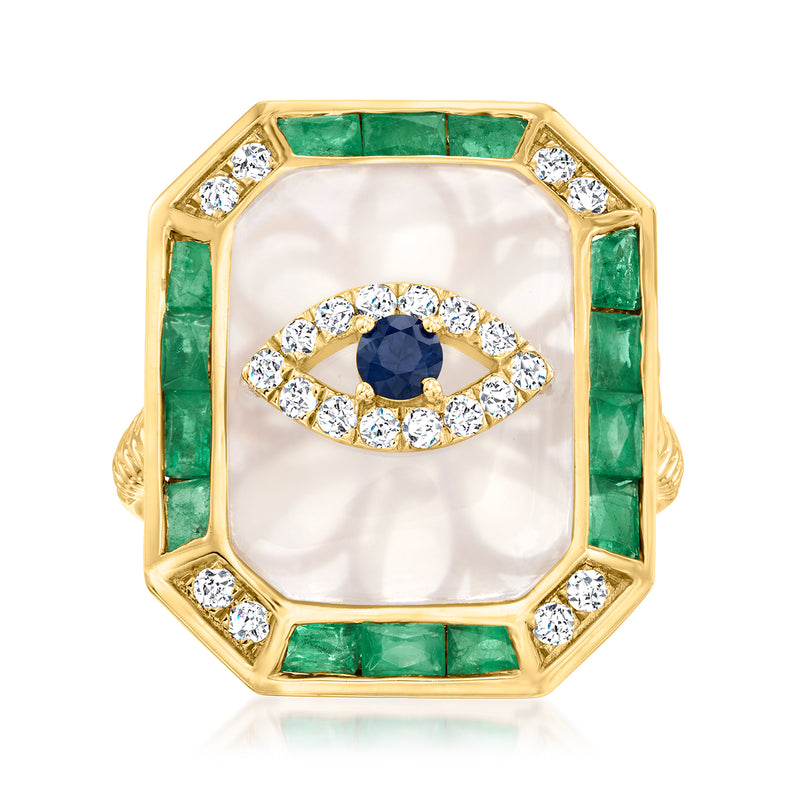 14kt yellow gold evil eye ring with blue center, diamond halo, and green gemstone accents