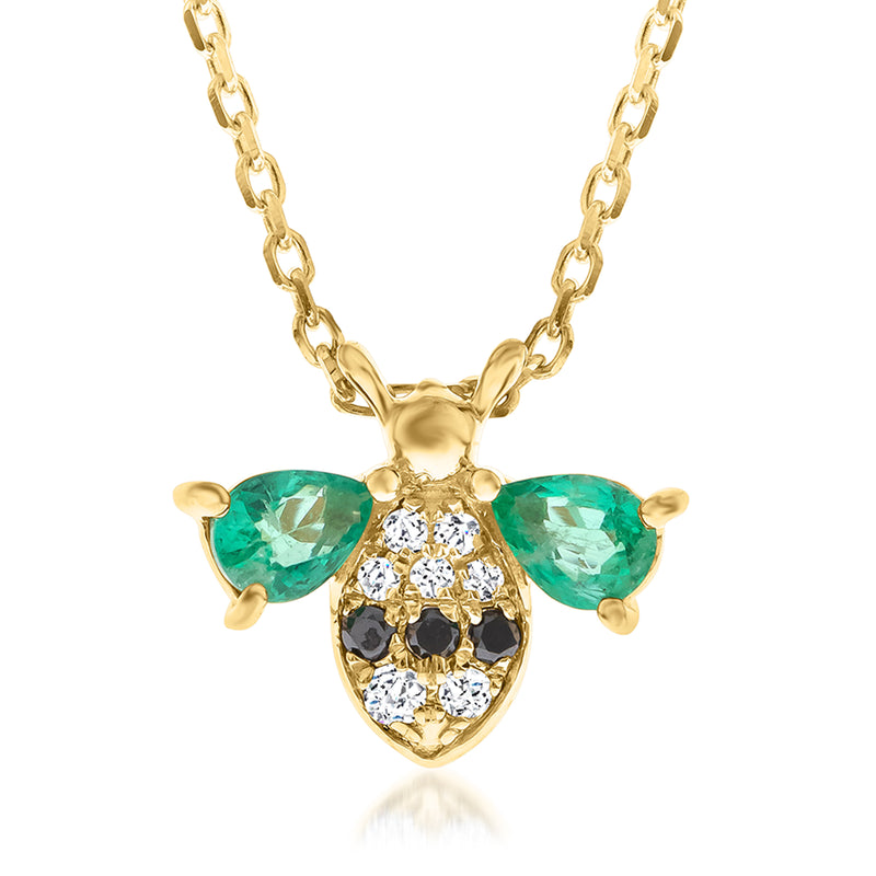 14kt yellow gold bee pendant necklace with green emerald, black, and white diamond accents