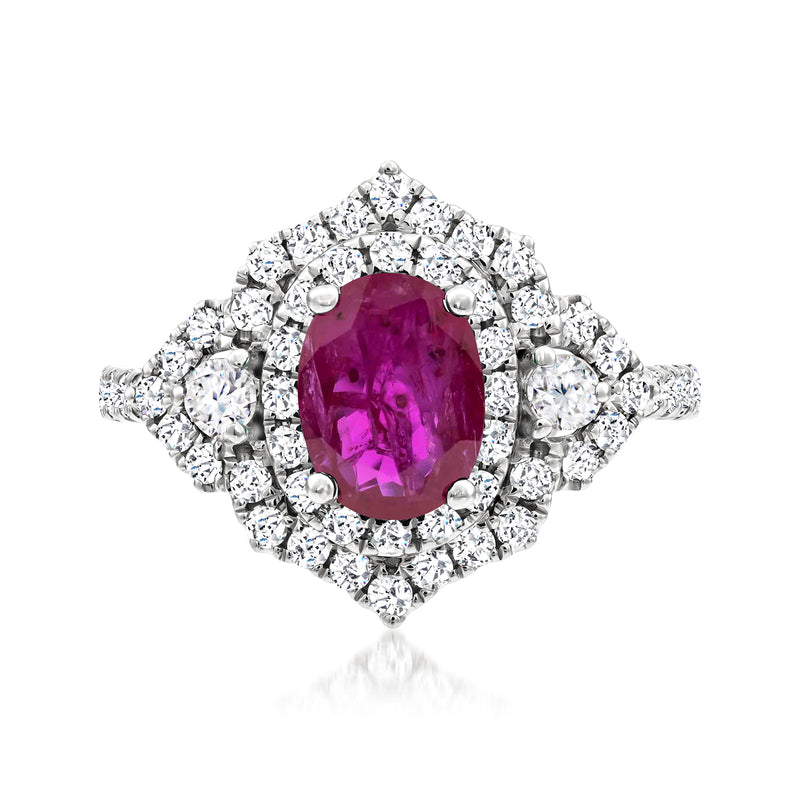 Ruby and diamond halo ring in 14kt white gold