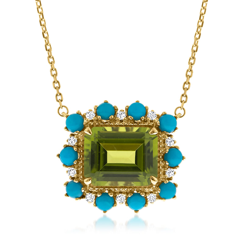 14kt yellow gold necklace with square peridot, turquoise halo, diamond accents