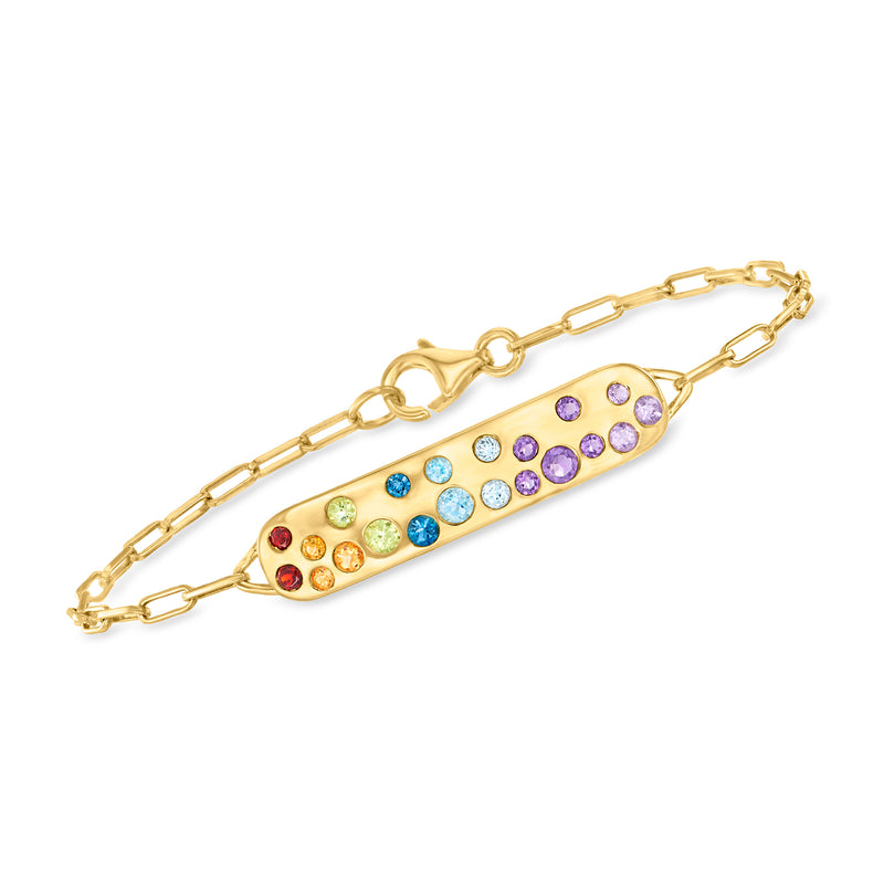 Gold over sterling ID bracelet with multi-gem bezel-set stones in colorful rows