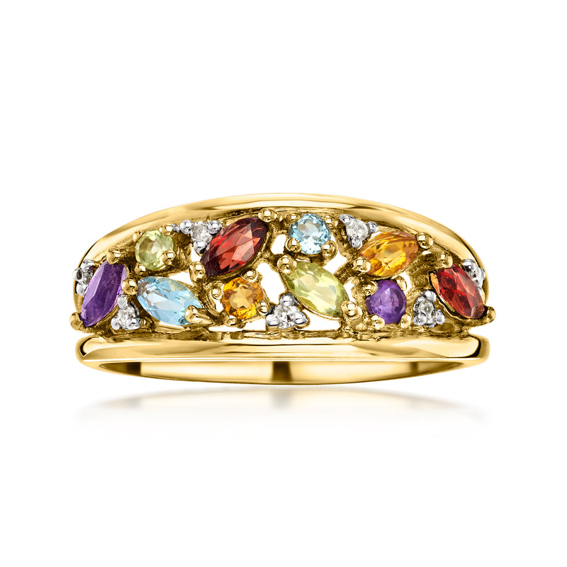 Gold-tone gemstone and diamond band ring with multicolor oval stones