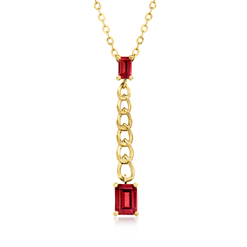 Gold over sterling Y-necklace with curb-link chain and two red square-cut gemstone drops