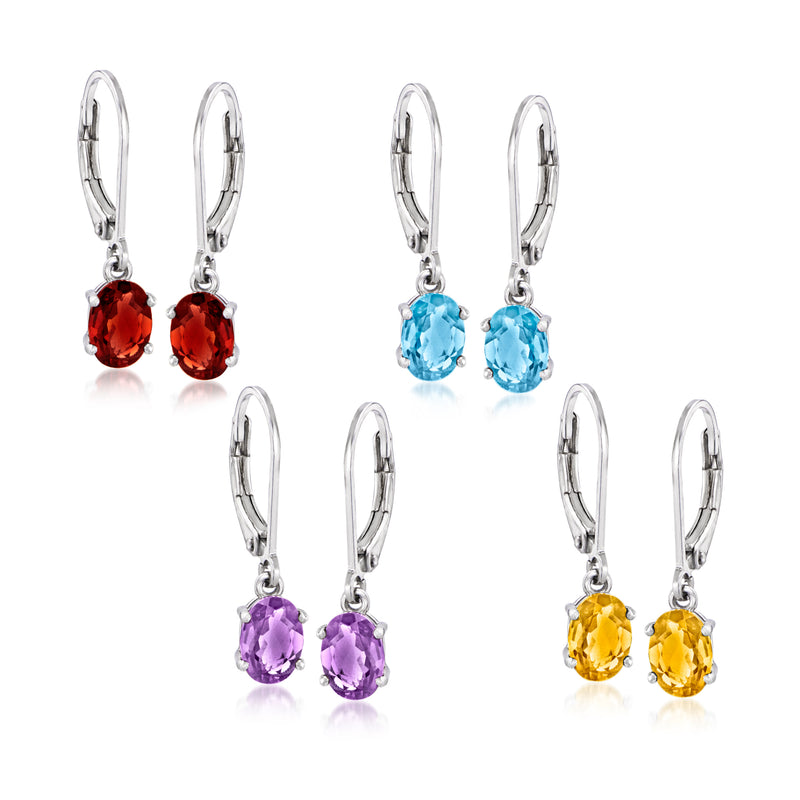 Multi-gemstone drop earrings set with leverback closures in sterling silver; red, blue, purple, yellow