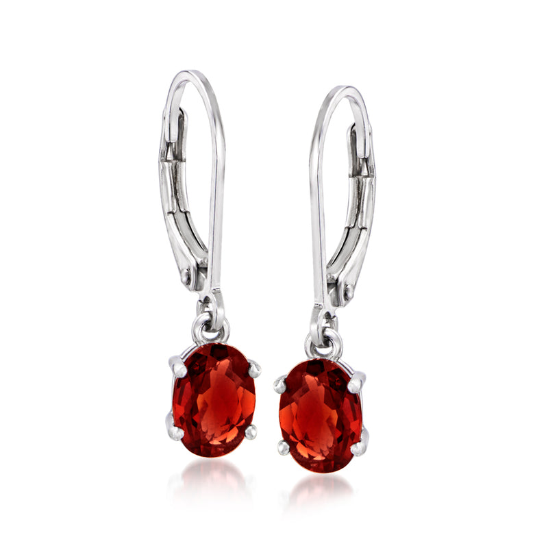 Sterling silver leverback drop earrings with red oval gemstone