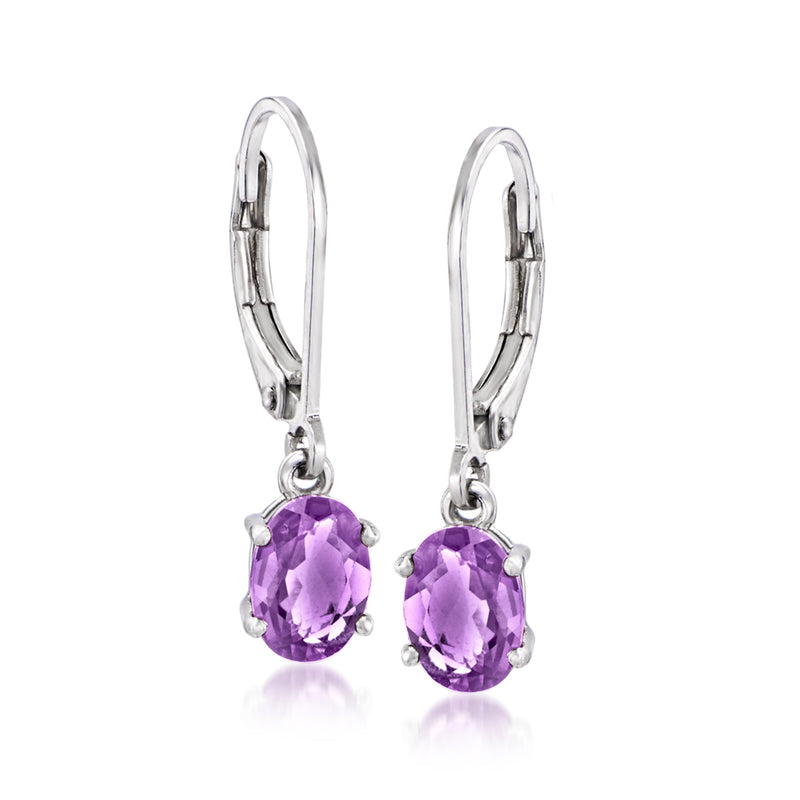Sterling silver leverback drop earrings with purple oval gemstone