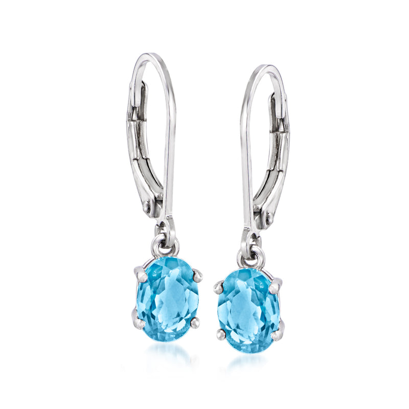Sterling silver leverback drop earrings with light blue oval gemstone