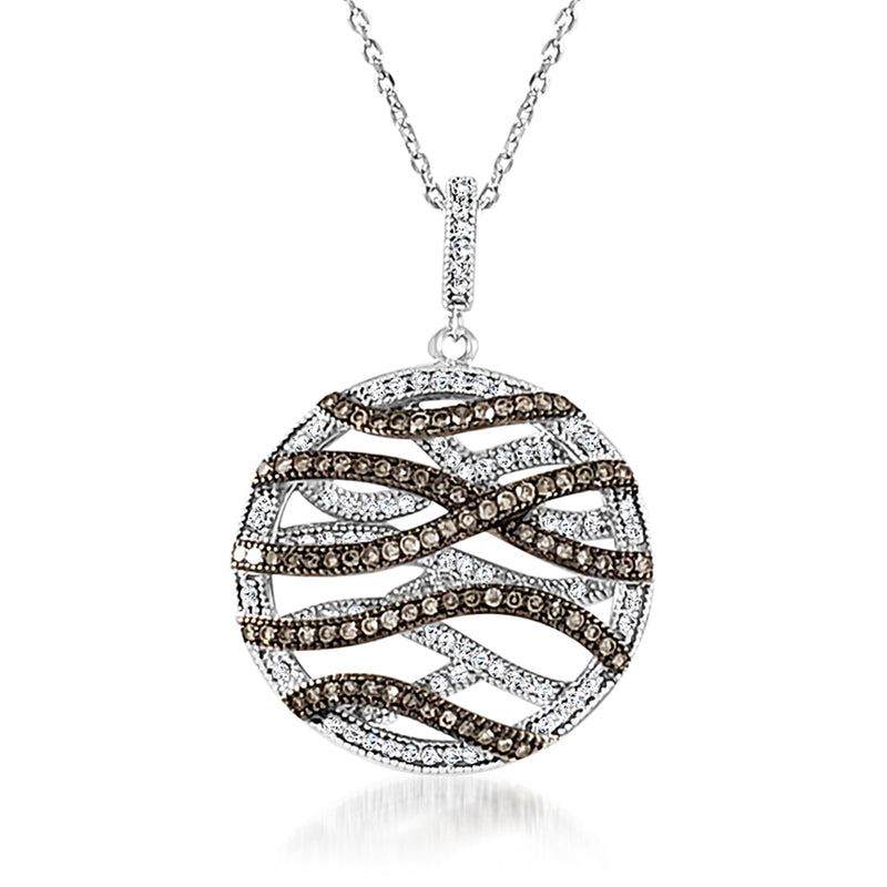 14kt white gold diamond wavy circle pendant with white and brown stones on chain