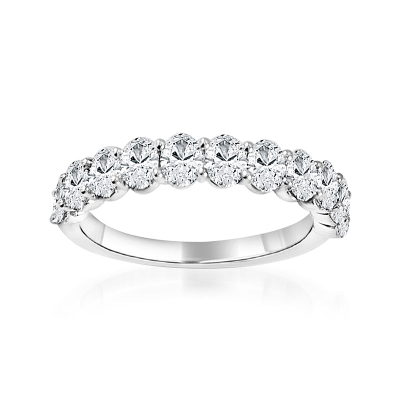 14kt white gold diamond band ring with round pave-set stones, polished finish.