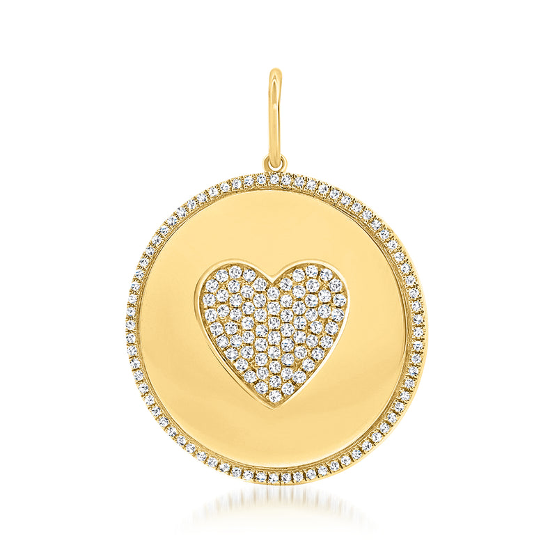 14kt yellow gold round pendant with diamond pave border and heart center