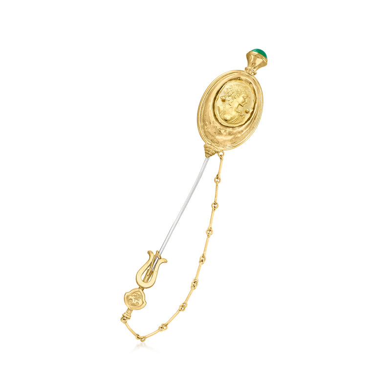 Vintage yellow gold stick pin with green chalcedony cabochon and profile medallion