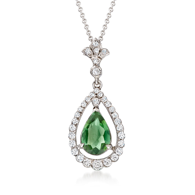 White gold teardrop tourmaline diamond pendant necklace with green stone