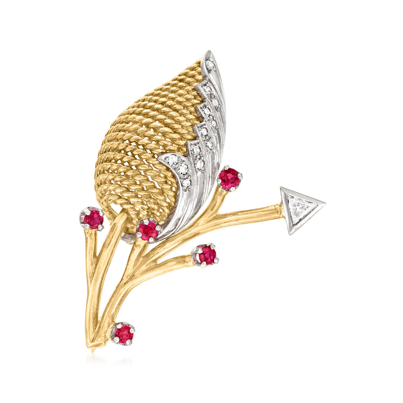 Vintage floral ruby and diamond pin in yellow gold with prong-set red stones
