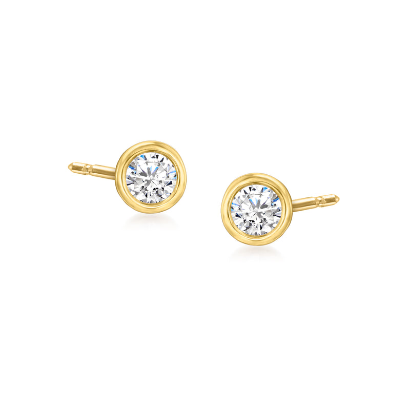 14kt yellow gold bezel-set round diamond stud earrings with push-back posts